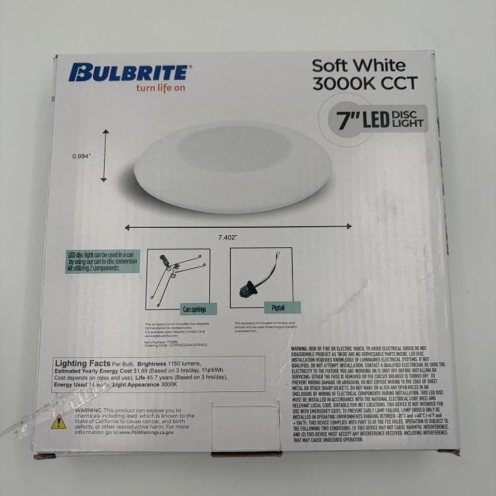 Bulbrite 7" LED Disc Light 14W 3000K Dimmable White 773274